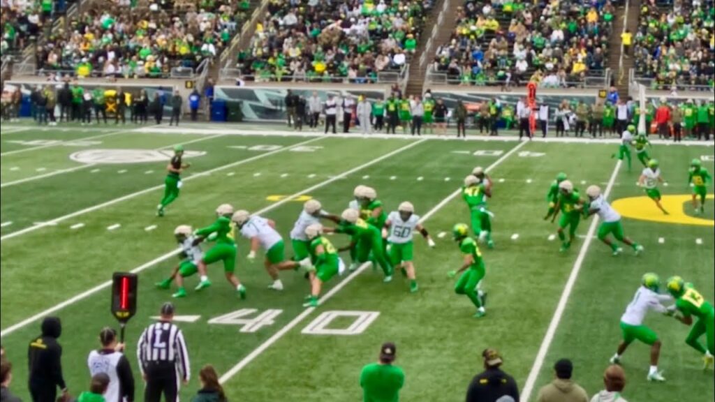brison cobbins spins and breaks a 60 yard touchdown run oregon spring game 2024