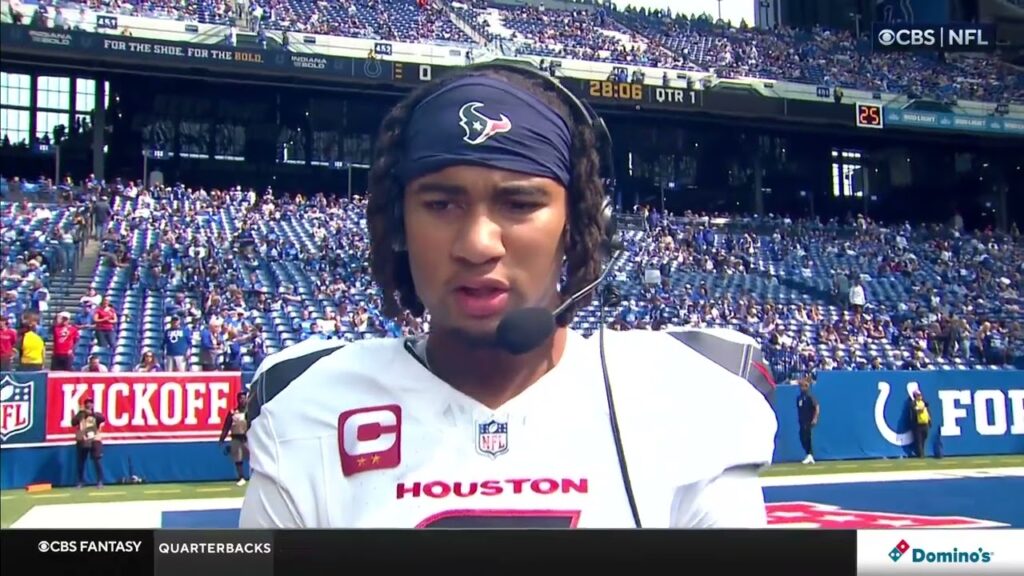 c j stroud speaks with j j watt pregame