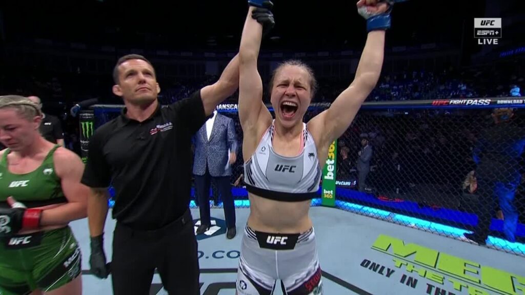 julija stoliarenkos reaction to her first round submission victory over molly mccann espn mma
