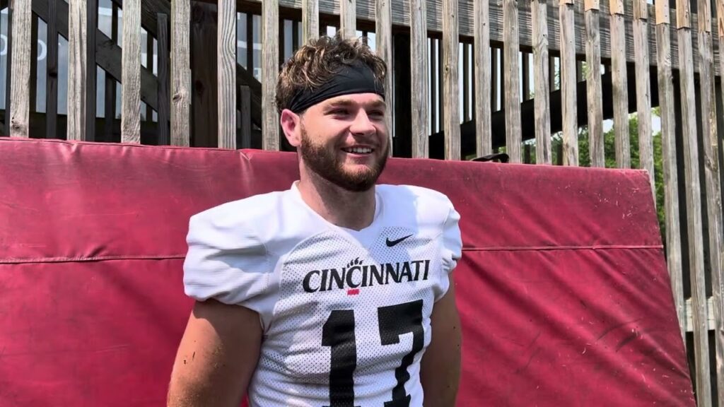 cincinnati te joey beljan talks with media following fall camp practice no 5