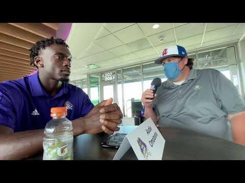 ecu football wr audie omotosho with clip brock from meet the pirates media day 2021