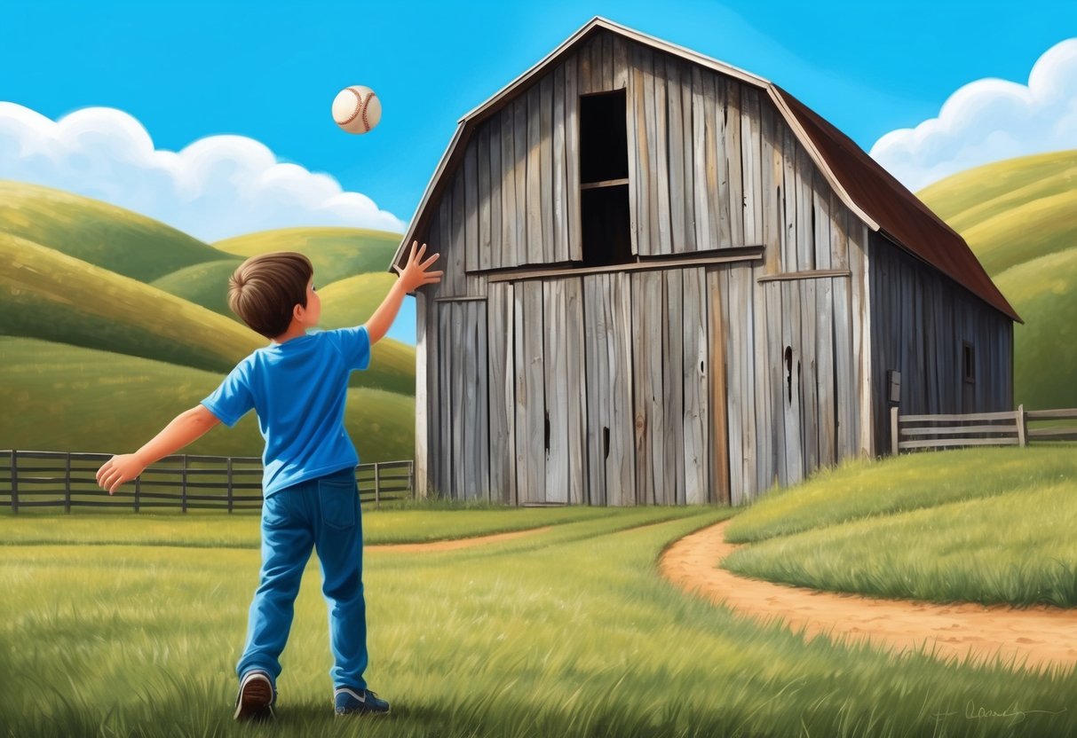 A young boy throws a baseball against a weathered barn, surrounded by rolling hills and a bright blue sky